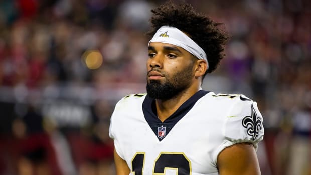Saints wide receiver Chris Olave (12) against the Cardinals at State Farm Stadium.